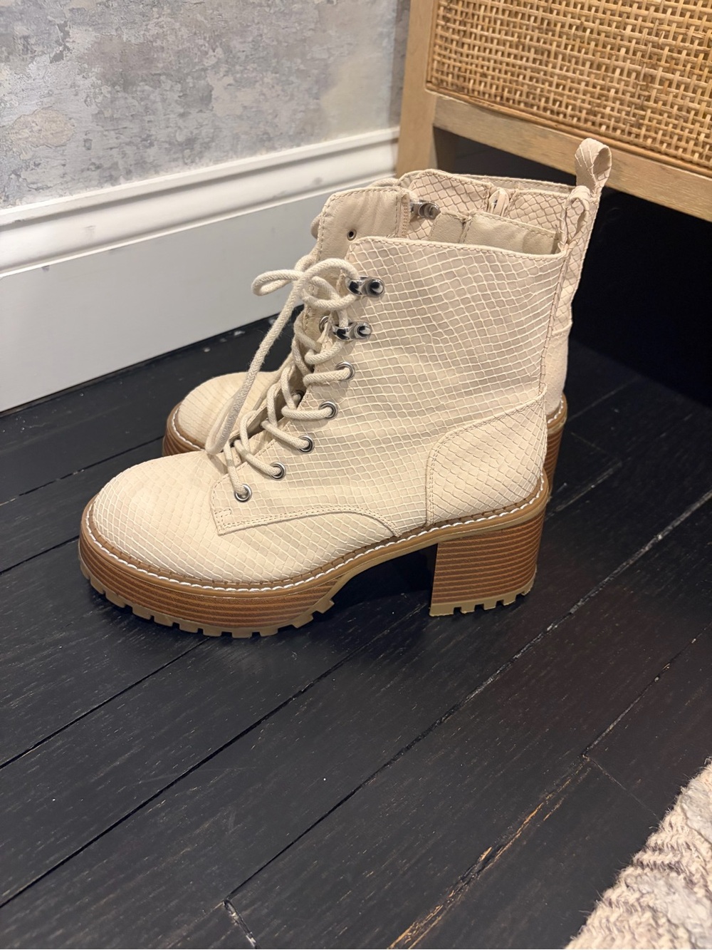 MIA Cream Lace-Up Block Heel Combat Boots